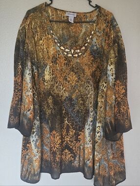 3X Jeweled Scoop-Neck Tunic, Boho, Embelished, Bell Sleeve, Artsy, Lightweight
